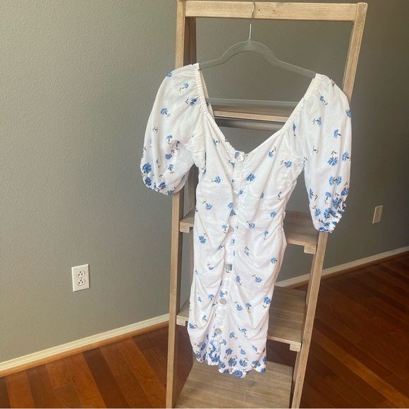 Elegant White Midi Dress with Blue Floral Design - Picture 1 of 8